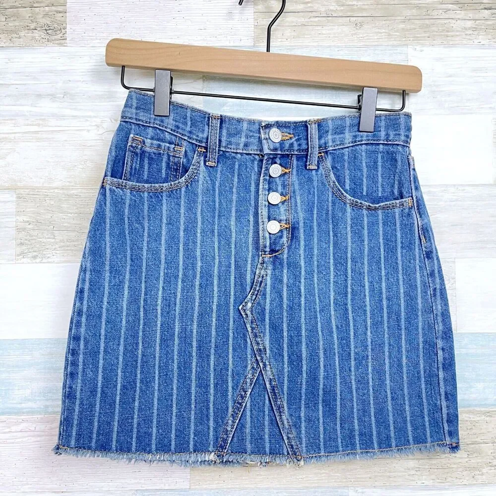 Old Navy Striped Denim Button Front Skirt Blue Medium Wash Girls Large 10 12